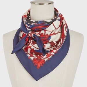TALBOTS Scarf SILK Square MEDALLION Urns Tassels Fleur de Lis Navy Red 34" NWT